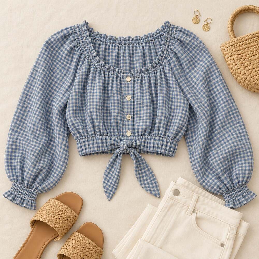 Zara Blue White Gingham Tie Front Crop Top XS Balloon Sleeve Blouse